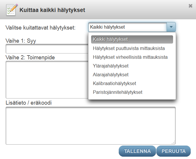 Kaikkien hälytysten kuittaaminen Joissakin tilanteissa - kuten pitkän sähkökatkon aikana - hälytyksiä on voinut kirjautua järjestelmään suuri määrä lyhyen ajan sisällä.