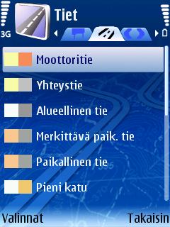 Selite: Tiet Näytä kaikki tietyypit ja niitä vastaavat värit. Selaa käytettävissä olevien kohteiden luetteloa vierittämällä. Avaa kohde (tarvittaessa).