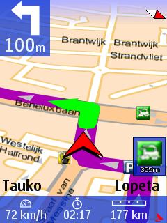 Reitin simulointi Kun olet tallentanut matkan, voit näyttää reitin simulaation. Näet navigointinäytöllä ajo-ohjeet. Kuulet ääniohjeet. Tauko = Keskeyttää simulaation.