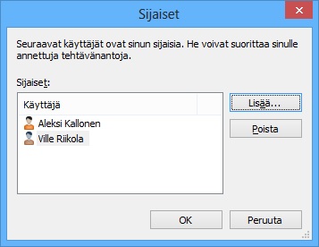 M-Files 10 Kuva 76: Sijaisia voit määritellä Sijaiset-toiminnolla, joka löytyy Asetukset-valikosta.