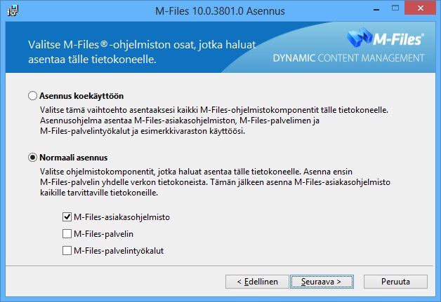 M-Files 10 Kuva 3: Tässä valintaikkunassa voit määritellä, mitä ohjelmisto-osia (ohjelmistokomponentteja) haluat asentaa.