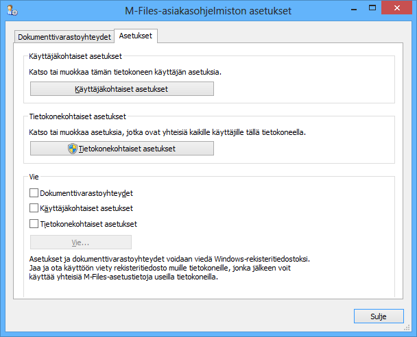 5 Perustoimintojen tarkempi esittely Kuva 90: M-Files-asiakasohjelmiston asetusten Asetukset-välilehti.