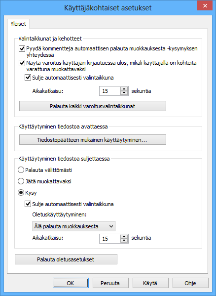 M-Files 10 Kuva 91: Käyttäjäkohtaiset asetukset ovat Windows-käyttäjäkohtaisia asetuksia kyseisellä työasemalla.