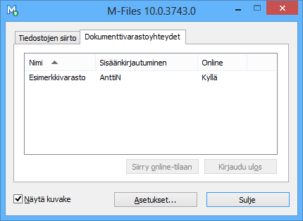 5 Perustoimintojen tarkempi esittely Kuva 100: Näytä tilatietoja -ohjelmisto-osan Dokumenttivarastoyhteydet-välilehti.