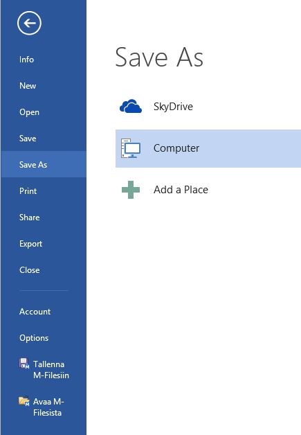 6 M-Files-toiminnot Microsoft Officessa ja AutoCADissa Kuva 103: Tiedosto- tai Office-pudotusvalikon kautta löydät toiminnot dokumentin avaamiseen