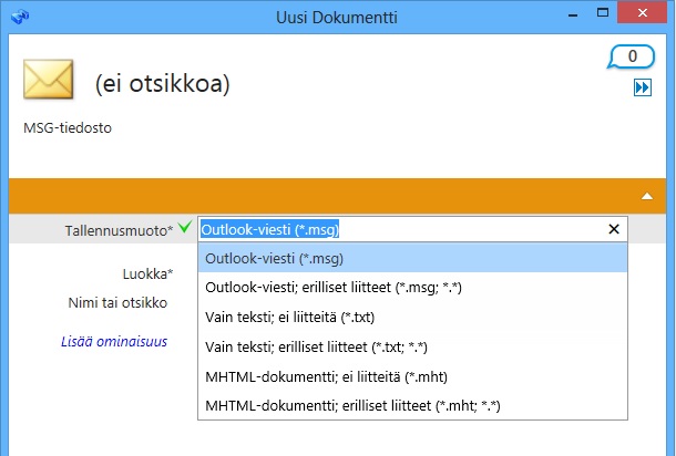 M-Files 10 Tallennusmuodot Voit helposti tallentaa sähköpostiviestit liitetiedostoineen Outlookista suoraan M-Filesiin.