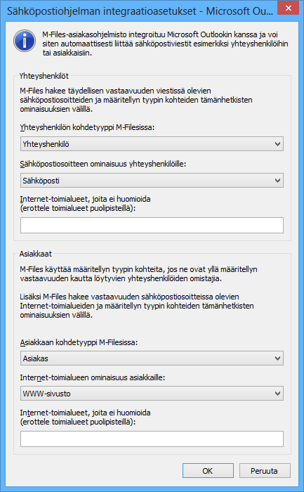 M-Files 10 Kuva 110: M-Filesin sähköpostiohjelman integraatioasetukset -ikkuna.