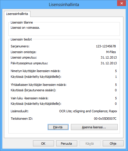 7 M-Files-palvelimen hallinta Lisenssinhallinta Lisenssinhallinta-asetuksiin päästään napsauttamalla palvelinta hiiren oikealla painikkeella ja valitsemalla Lisenssinhallinta.