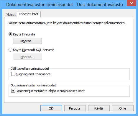 M-Files 10 Kuva 119: Valitse tietokantamoottori, jota käytät dokumenttivaraston tietojen tallentamiseen. Käytä Firebirdiä Firebird on M-Filesiin sisältyvä sulautettu SQL-tietokantamoottori.