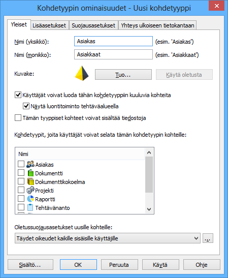M-Files 10 Kuva 145: Voit luoda dokumenttivarastoon uusia kohdetyyppejä. Nimi (yksikkö) Anna kohdetyypille nimi (esim. Asiakas).