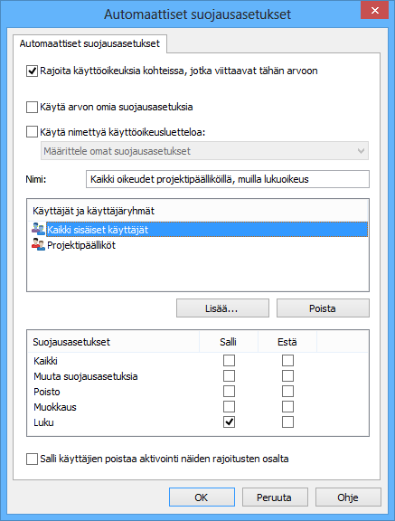 M-Files 10 Automaattiset suojausasetukset Automaattiset suojausasetukset ovat kohdassa Yleinen > Sisältö... > Suojausasetukset... > Automaattiset suojausasetukset.