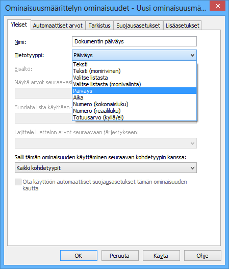 M-Files 10 Kuva 153: Uusi ominaisuusmäärittely -ikkuna.