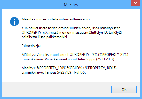 8 Yksittäinen dokumenttivarasto Ominaisuuksien liittäminen yhteen Liittää yhteen valitut ominaisuudet (esim. Tarjous/Laite/Asiakas).