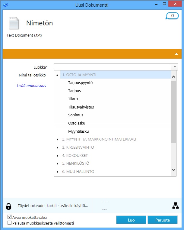 8 Yksittäinen dokumenttivarasto uutta kohdetta luodessaan.