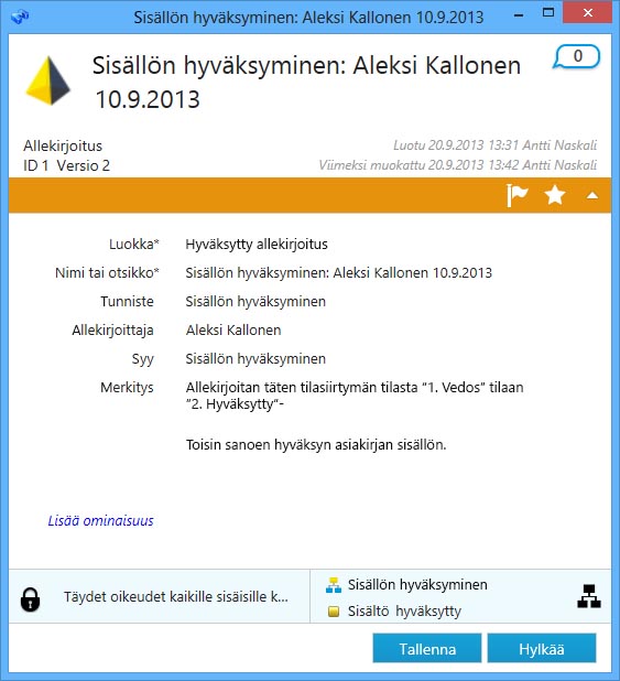 8 Yksittäinen dokumenttivarasto Kuva 165: Allekirjoituskohteen metatiedoista löydät tiedon siitä, kuka on tehnyt allekirjoituksen ja koska, ja mitä allekirjoitus koskee sekä muita tietoja
