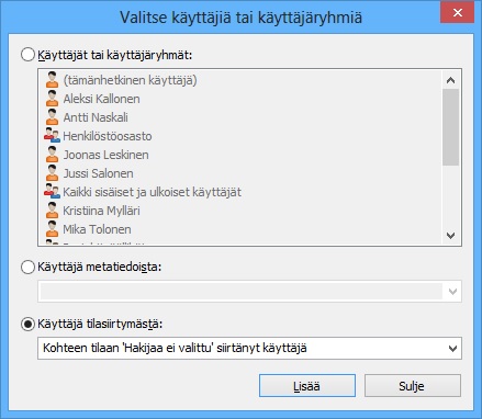 M-Files 10 Tätä automaattista käyttäjävalintaa voidaan käyttää työnkuluissa, kun määritellään suorittajia tehtävänannoille, halutaan lähettää ilmoitus käyttäjille tai kun määritellään tilojen