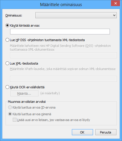 8 Yksittäinen dokumenttivarasto XML-tiedostosta tai OCR-arvolähteestä. Katso lisätietoja OCR-arvolähteen määrittelystä kohdasta Käytä OCR-arvolähdettä (sivu 301).