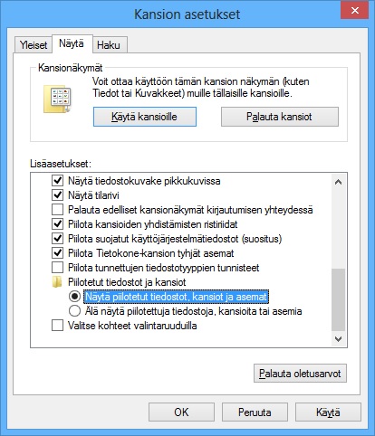 Kuva 35: Windows-käyttöjärjestelmän asetuksista voit säätää, näkyvätkö piilotetut