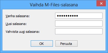 5 Perustoimintojen tarkempi esittely Vaihda salasana Jos käytät M-Files-tunnistusta, löytyy valikosta toiminto Vaihda salasana, jonka avulla voit vaihtaa käyttämäsi salasanan palvelimelle.