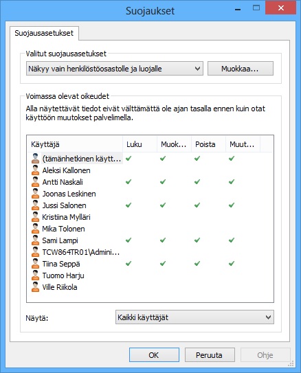 M-Files 10 Voimassa olevat (efektiiviset) oikeudet käyttäjittäin tai oikeuksittain Suojaus-ikkunasta näet helposti voimassa olevat suojausasetukset käyttäjittäin tai oikeuksittain.