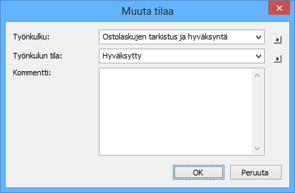 M-Files 10 Kuva 66: Voit kommentoida työnkulun etenemistä tilaa vaihtaessasi. Työnkulku Valitse kohteelle työnkulku. Tila Valitse kohteen uusi tila. Kommentti Voit kommentoida työnkulun etenemistä.