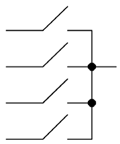 LOGO! Toiminnot Usean sulkeutuvan koskettimen rinnankytkentä piirikaaviossa: Symboli LOGO!:ssa Lähtö OR:issa saa tilan 1, kun tulolla on tila 1, siis yksi kosketin on suljettu.