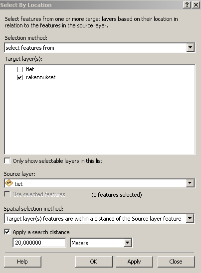 57 Esimerkki: Valitaan D:\ArcGIS\maastotietokanta\linnanmaa hakemiston rakennukset tasolta ne rakennukset, jotka ovat korkeintaan 20 metrin etäisyydellä tiet tason kohteista. 1.