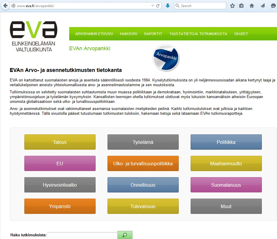 Arvopankki Kaikki EVAn Arvo- ja asennetutkimusten tulokset löytyvät Arvopankista osoitteesta http://www.eva.fi/arvopankki/. EVA on kartoittanut suomalaisten asenteita säännöllisesti vuodesta 1984.
