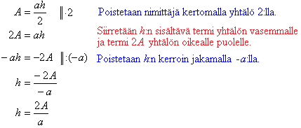 5. Useita muuttujia yhtälössä Joskus yhtälöissä esiintyy useampia kirjaimia eli muuttujia. Yhtälö voidaan ratkaista halutun muuttujan suhteen edellä opittuja yhtälönratkaisukeinoja käyttämällä.