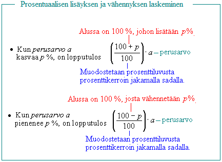 11. Lisäyksiä ja vähennyksiä prosentteina Kun jokin luku kerrotaan luvulla 1, säilyy se muuttumattomana.