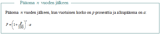 1. Koronkorko Prosenttilaskussa muutos on hetkellinen eli ajalla ei ole merkitystä, mutta korkolaskussa huomioidaan myös aika.