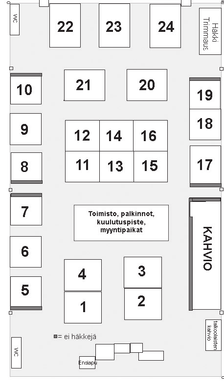 Halli avataan klo 7.00. Koirien tulee olla paikalla vähintään 1 tunti ennen rodulle ilmoitettua arvosteluaikaa, kuitenkin viimeistään klo 12.