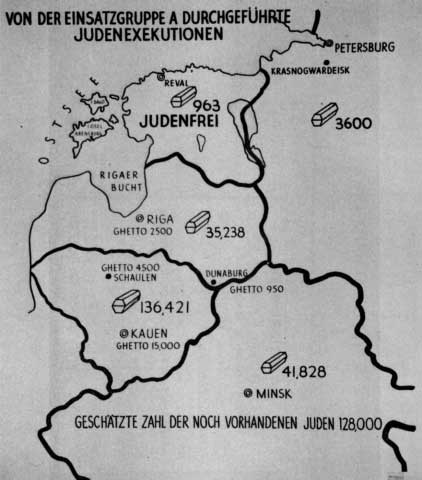 Baltia Kartta on peräisin Einsatz-ryhmä A:n raportista. Ryhmä toimi ensi sijassa Baltian maissa. Se osoittaa»toimeenpantujen juutalaisteloitusten«lukumäärää, jota kuvaa luku ja ruumisarkku.