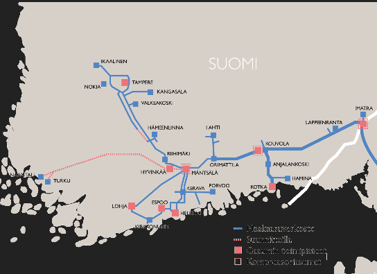 20 Kuva 10. Olemassa ja suunnitteilla oleva kaasun siirtoverkko Suomessa. (Gasum 2012b.