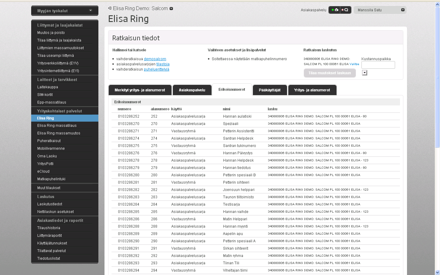 Elisa Ring -Erikoisnumerot Erikoisnumerot välilehdeltä voi tilata uusia vastausryhmiä ja ACD