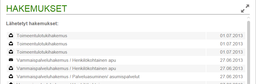 Omat sivut / Etusivu Jatkossa kun asiakas on asioinut Omien sivujen kautta, näytetään etusivulla Hakemukset kentässä