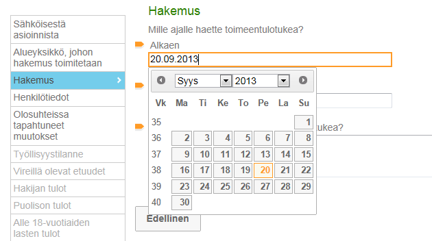 Omat sivut / Hakemukset / Kalenteritoiminto Hakemuksien päivämääräkenttien kalenteritoiminnossa on kuukausi ja vuosi alasvetovalikot joista tietoa voi vaihtaa.