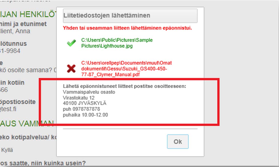 Omat sivut / Hakemukset / Liitetiedostojen lähettämisdialogi Mikäli hakemukseen yrittää lähettää esimerkiksi liian suurta liitetiedostoa (koko yli 2 megatavua), saadaan siitä ilmoitusdialogi