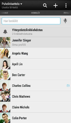 145 Henkilöt Henkilöt Yhteystietoluettelosi Henkilöt-sovelluksen listalla näet kaikki HTC One -puhelimeen tallennetut yhteystiedot ja niiden verkkotiliesi yhteystiedot, joille olet kirjautunut.