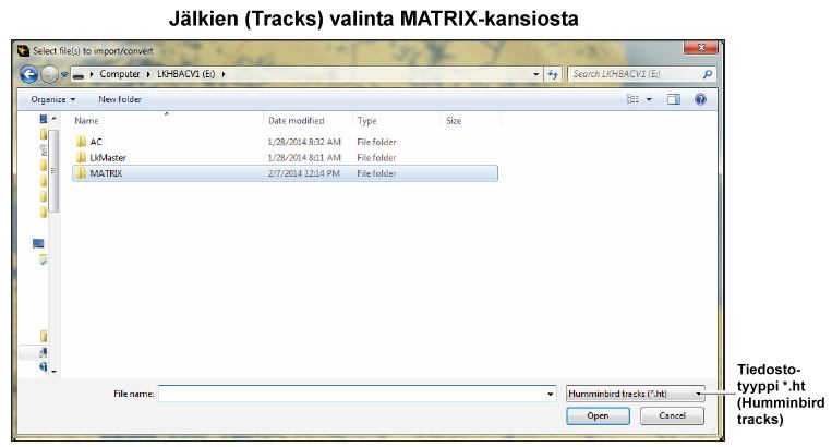 Kaikuluotaindatan tuonti: Valitse ensin haluttu tiedostotyyppi, esim. Humminbird sonar logs (*.dat) on kaikuluotaintallenteet ja Humminbird tracks (*.