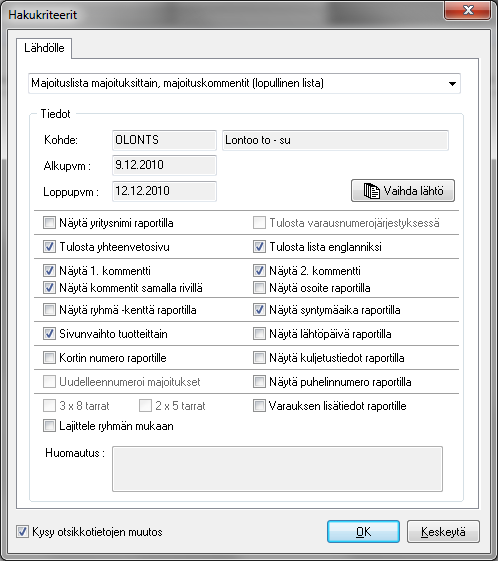 12.2.4. Listat Yleistä Listojen tulostuksen yhteydessä voidaan valita mukaan joitakin lisätietoja, ja voidaan muuttaa raportin otsikkotietoja.