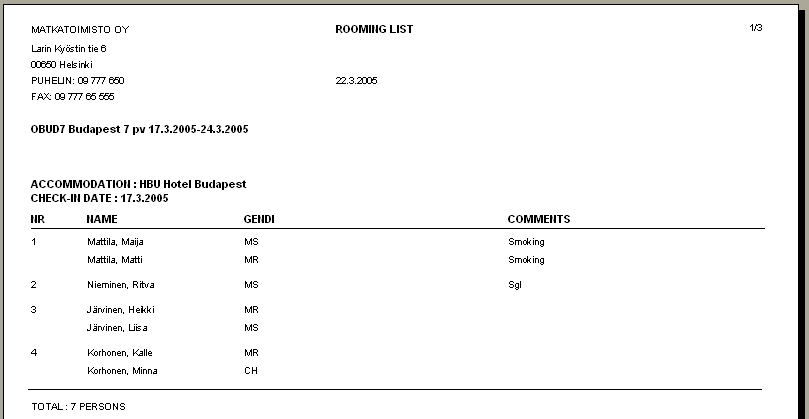 Majoituslistat Majoituslistoille tulostuvat matkustajat joille on majoitus annettu.