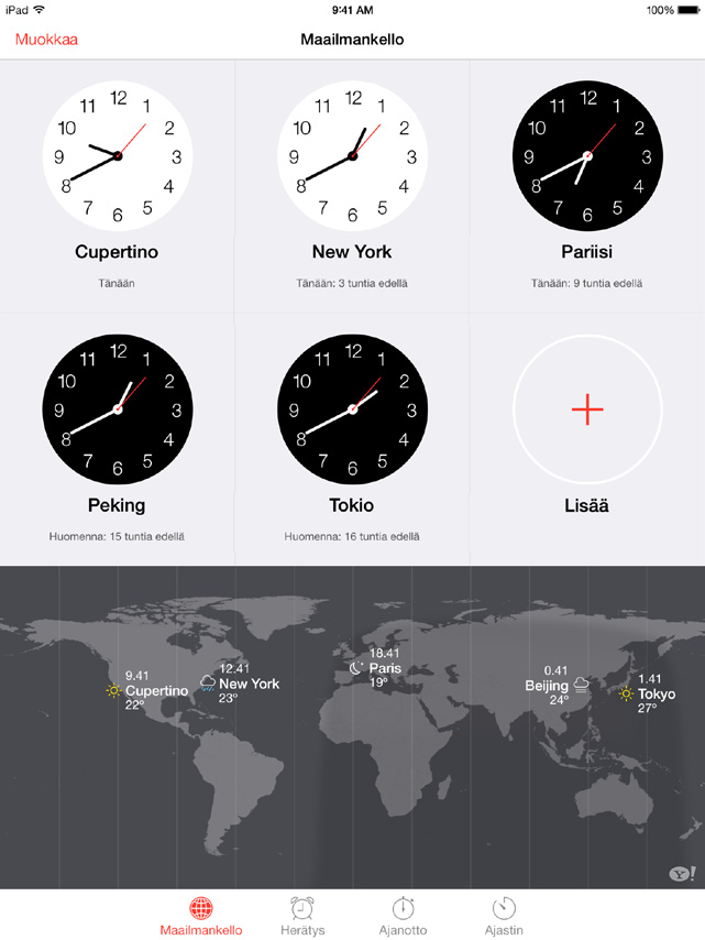 Lisää muita kelloja, jotka näyttävät eri aikavyöhykkeiden ja suurkaupunkien ajat.
