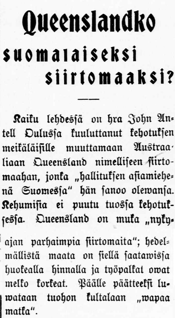 1 Tampereen Uutiset N:o 110 10.6.1899 Queenslandko suomalaiseksi siirtomaaksi?