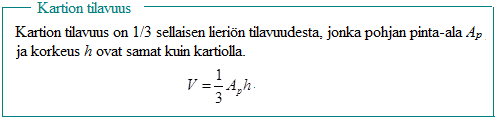 Koska yhdenmuotoisten kappaleiden välillä vallitsee suhde, voimme olettaa kartion tilavuuden saatavan