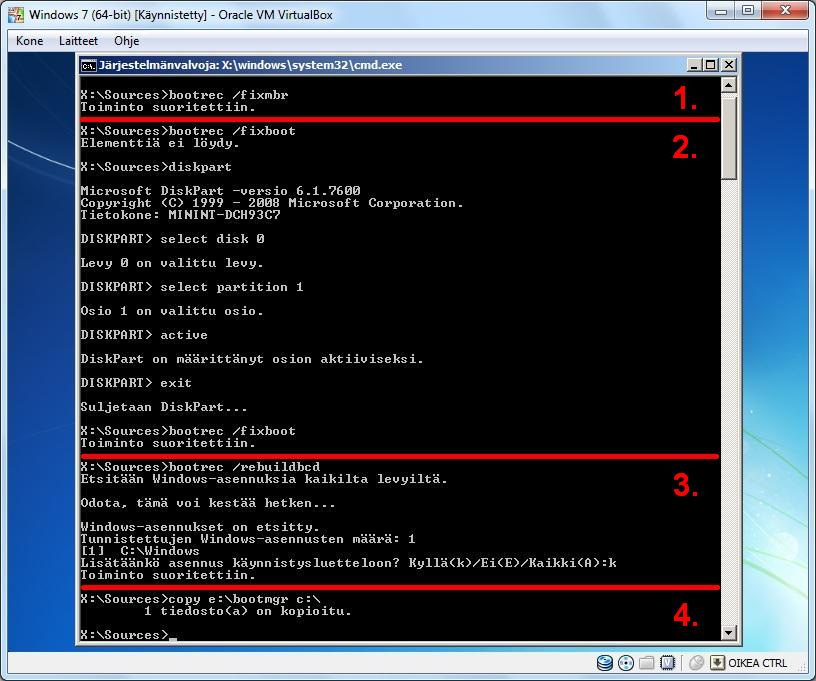 Komennot ovat samat riippumatta siitä mihin osiolle Windows 7 on asennettu tai onko 100 Mt:n kokoista "Järjestelmän varaama" (System Reserved) osiota. 1. BOOTREC /FIXMBR kirjoittaa uuden kovalevyn ensimmäisen fyysisen sektorin eli pääkäynnistystietueen (MBR).