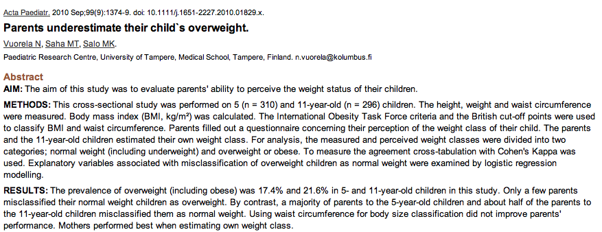 17% 5-vuotiaista ylipainoisia, mutta suurin osa vanhemmista piti heitä normaalipainoisina