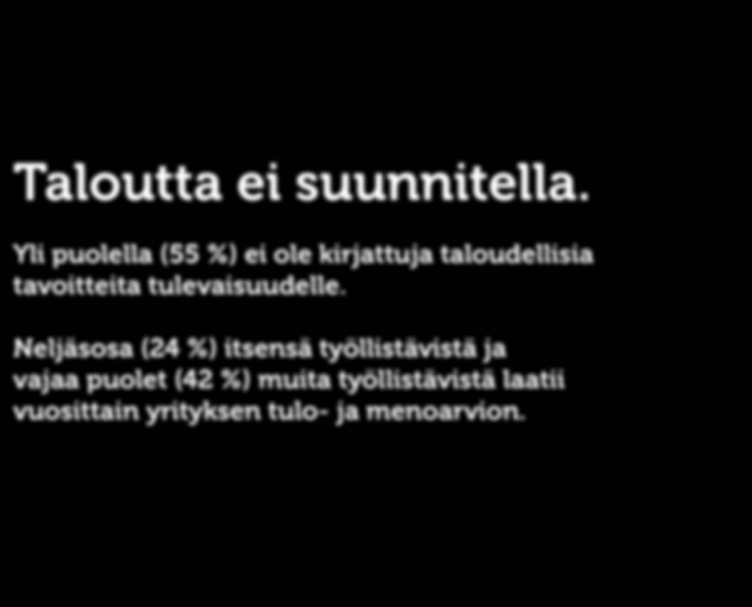 TALOUDELLINEN HYVINVOINTI Taloutta ei suunnitella. Yli puolella (55 %) ei ole kirjattuja taloudellisia tavoitteita tulevaisuudelle.