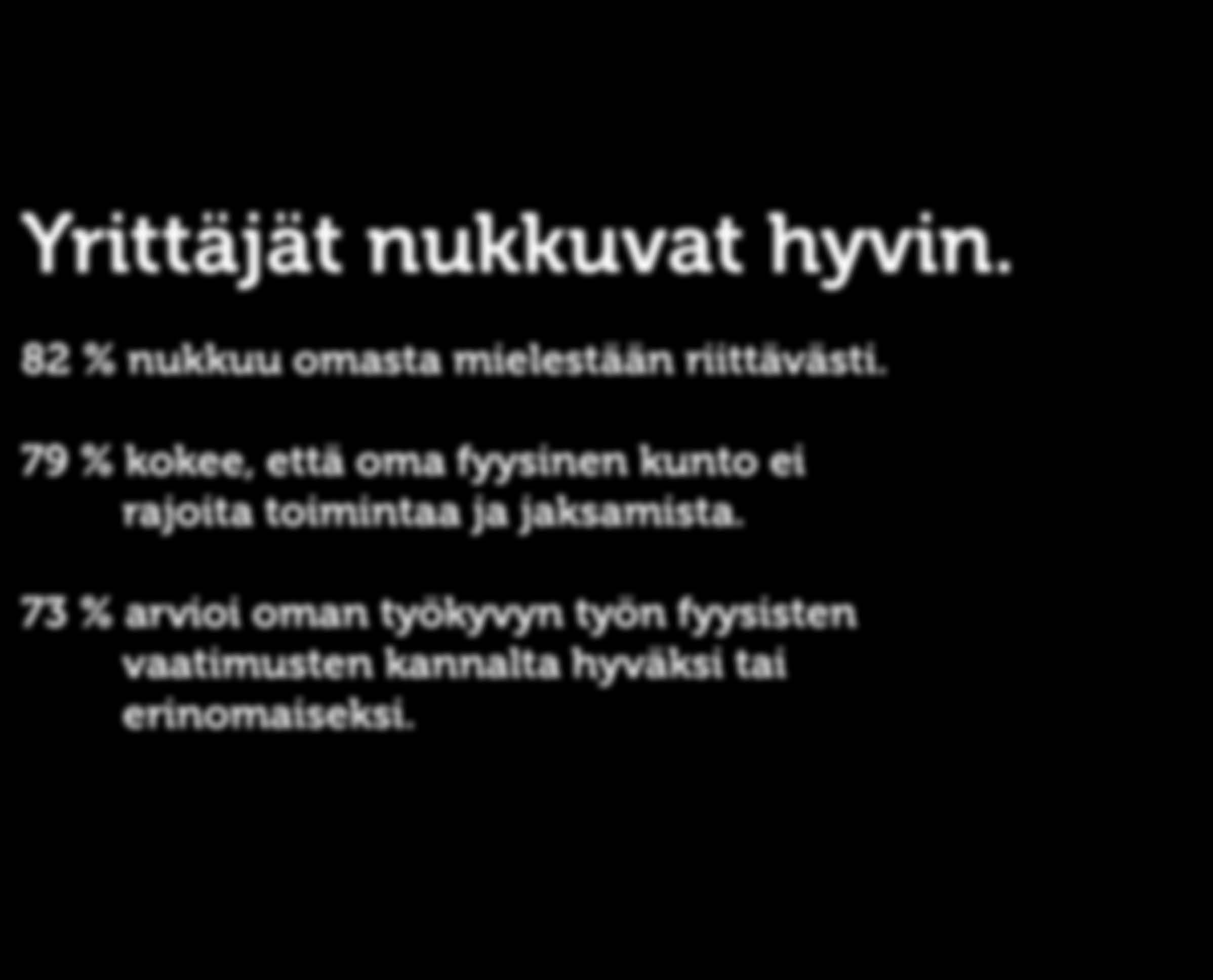 FYYSINEN HYVINVOINTI Yrittäjät nukkuvat hyvin. 82 % nukkuu omasta mielestään riittävästi.