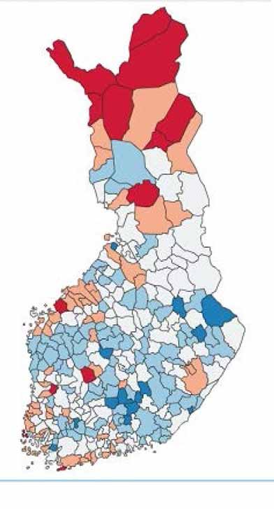 34 Kuvio13. Tarvevakioidut menoerot 2011 kuntakartta, erot prosenttia koko maan keskiarvosta (THL) Enontekiö ja Utsjoki käyttivät rahaa vastaavasti yli 30 prosenttia keskimääräistä enemmän.